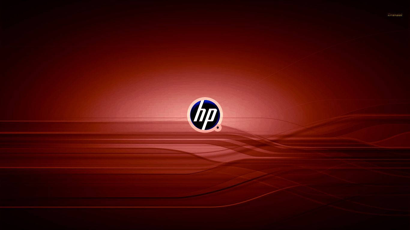 HP 桌布 壁紙 — HP 標誌居中於漸變紅色背景上，帶有流動的抽象線條。