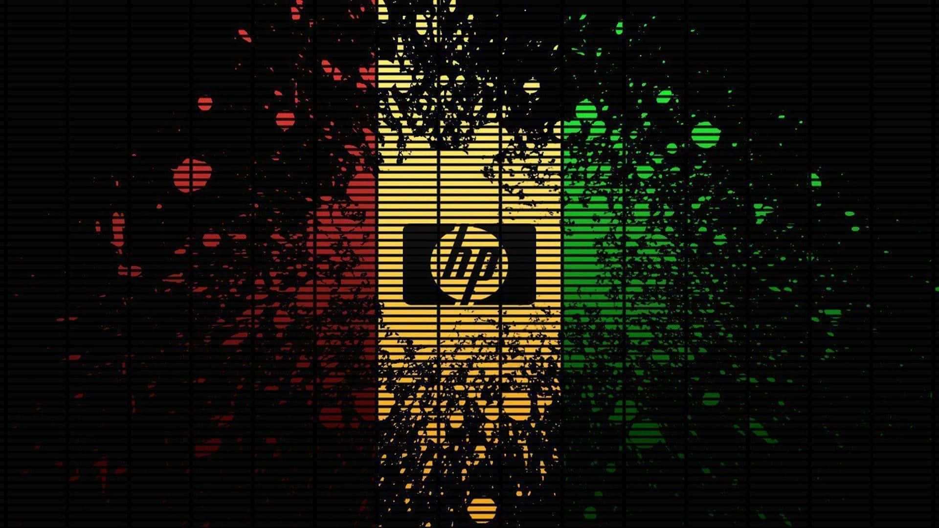 HP 桌布 壁紙 — HP 標誌居中於黑色背景上，帶有紅色、黃色和綠色的油漆飛濺和垂直條紋。