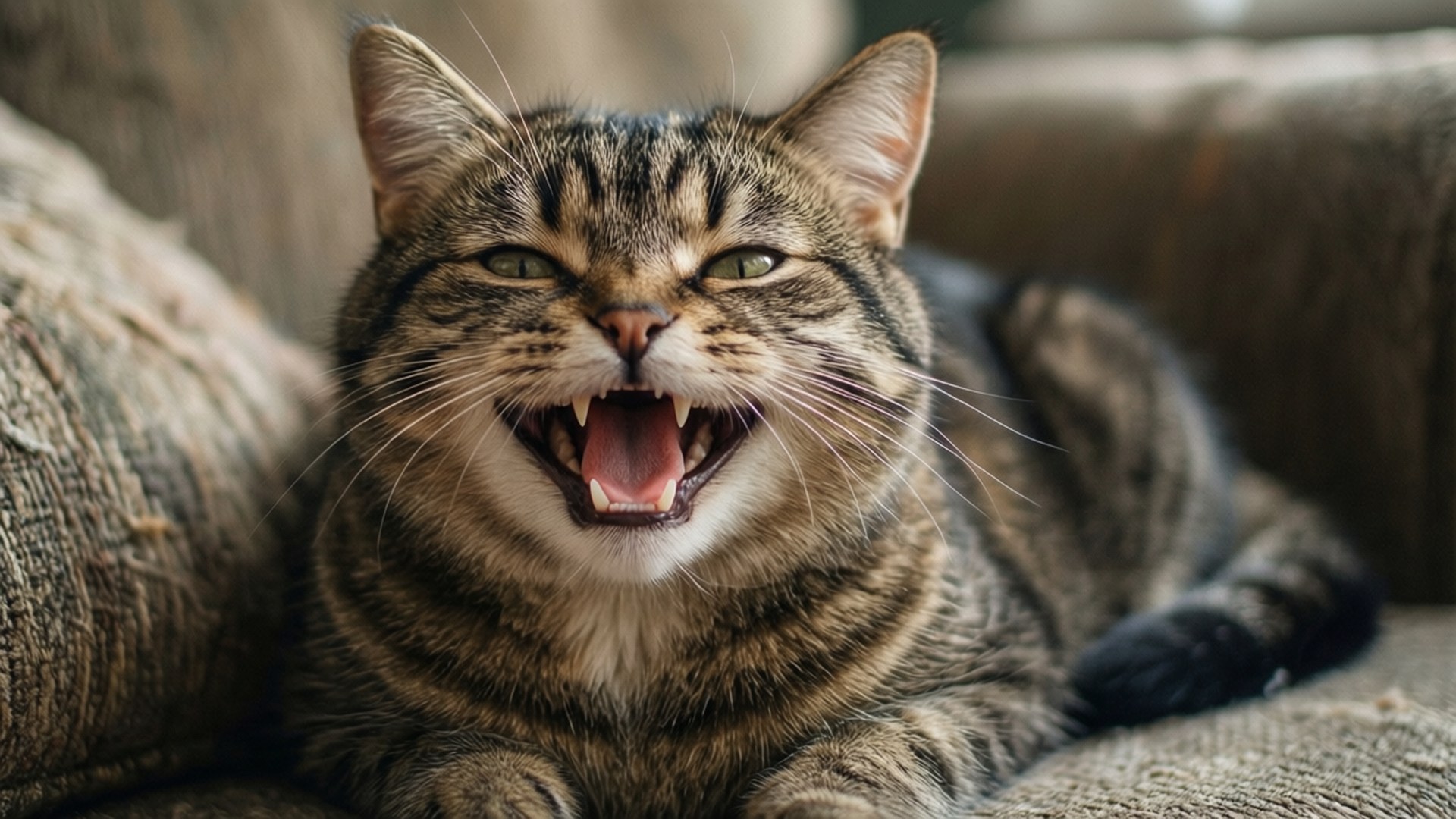 Cat's Big Smile 壁紙 — 一隻綠色眼睛的虎斑貓在有紋理的沙發上放鬆，張大嘴巴打呵欠露出牙齒。