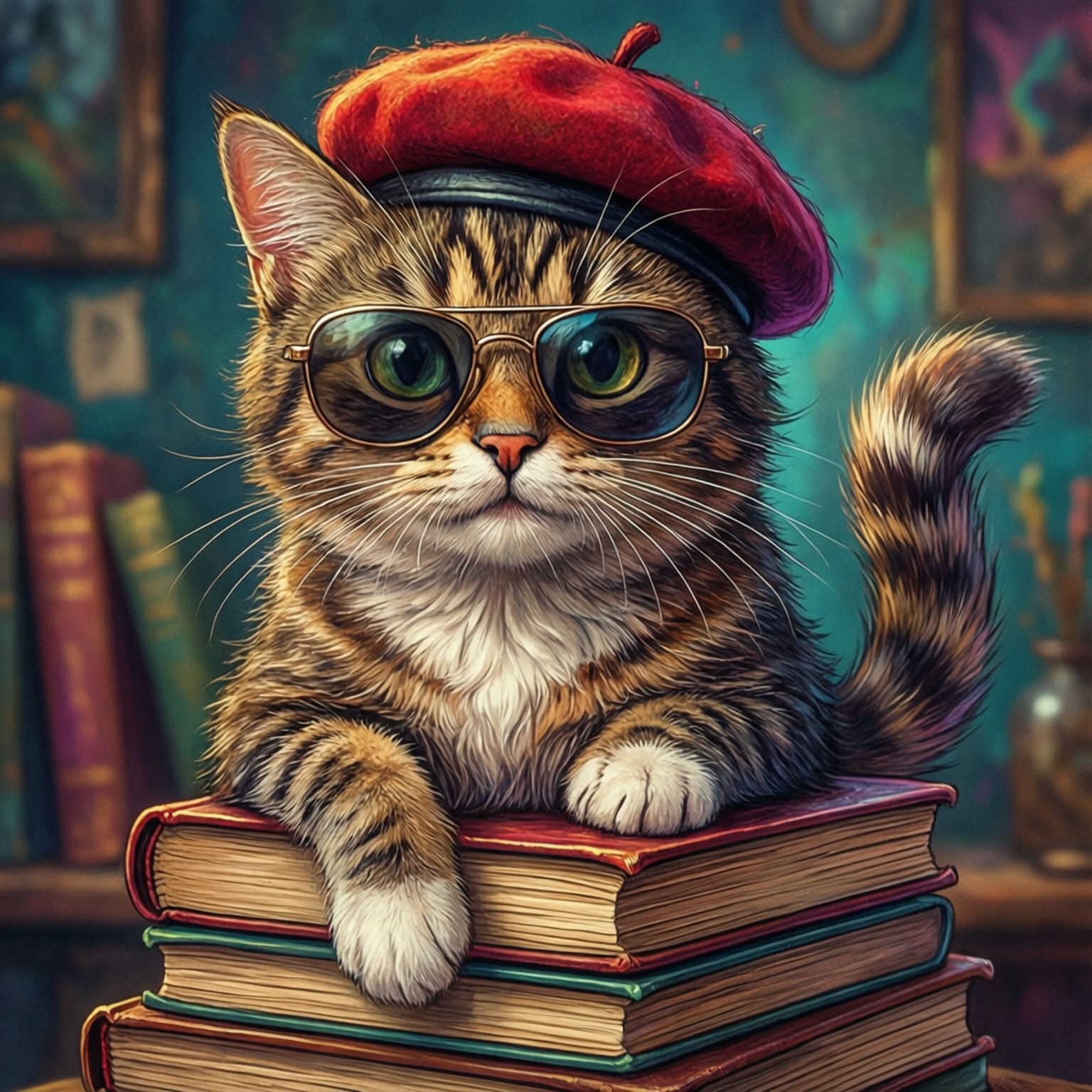 Art Cat Illustration 壁紙 — 一隻虎斑貓戴著紅色貝雷帽和飛行員太陽眼鏡，坐在舒適圖書館裡一堆彩色書籍上。