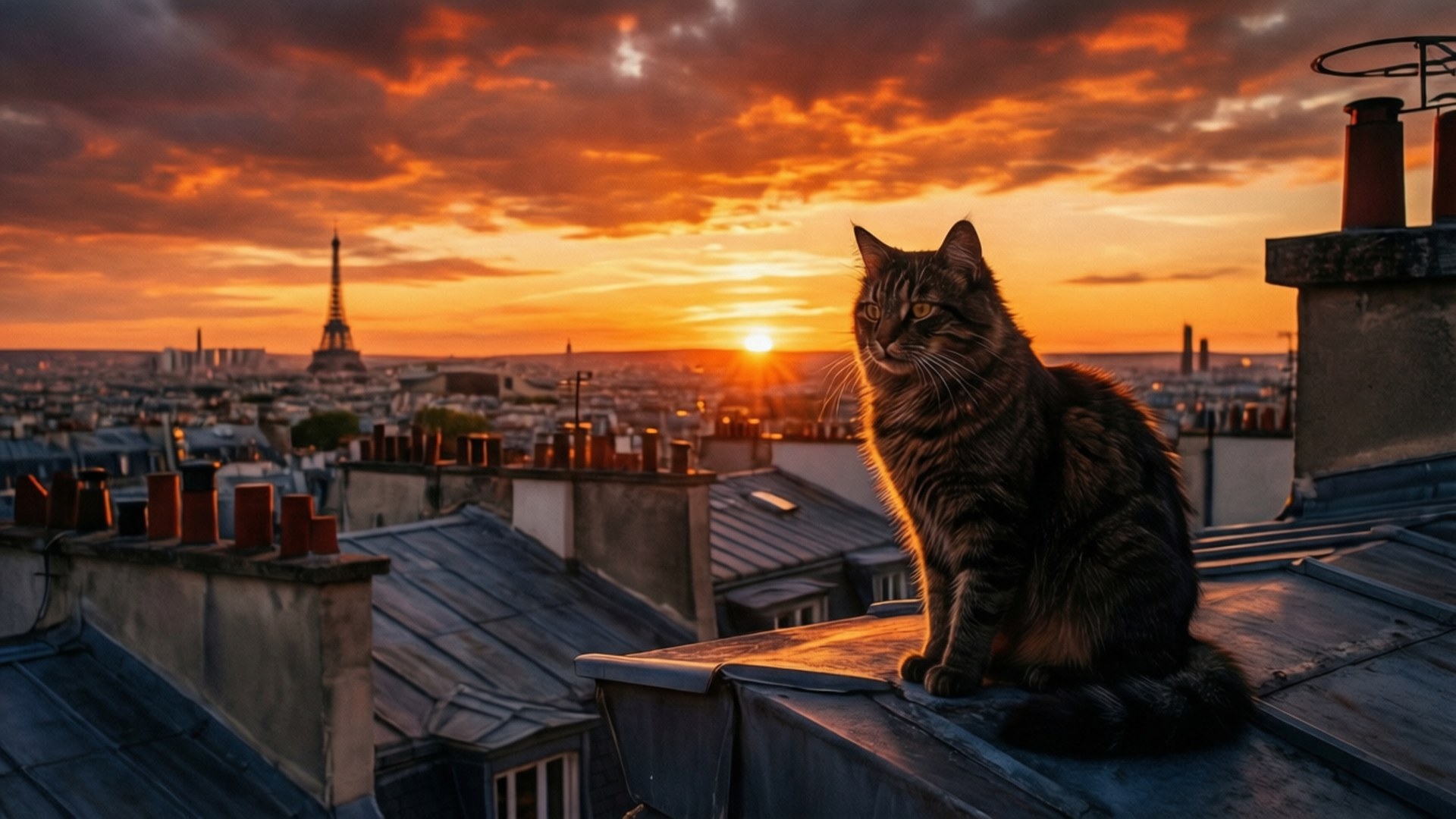 Rooftop Sunset 壁紙 — 一隻虎斑貓威風凜凜地坐在巴黎屋頂上，艾菲爾鐵塔在火紅的夕陽天空下閃耀。