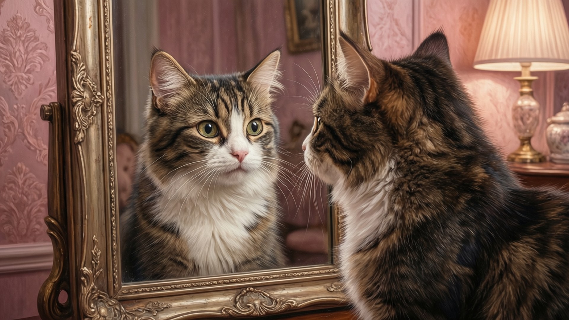 Mirror Gaze Mimi 壁紙 — 一隻綠眼虎斑貓在粉紅色錦緞壁紙背景下，專注地凝視著華麗金框鏡中的倒影。