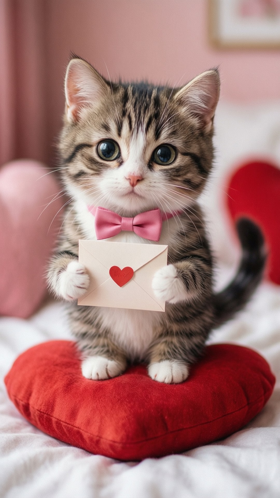 Love Letter Valentine 壁紙 — 一隻虎斑小貓咪，有著大大的藍眼睛，戴著粉紅色蝴蝶結，坐在紅色心形枕頭上，拿著一個心形信封。