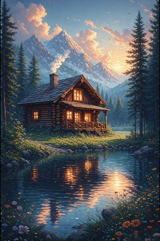 湖邊舒適木屋，日落時分山巒倒影 — 4K 壁紙