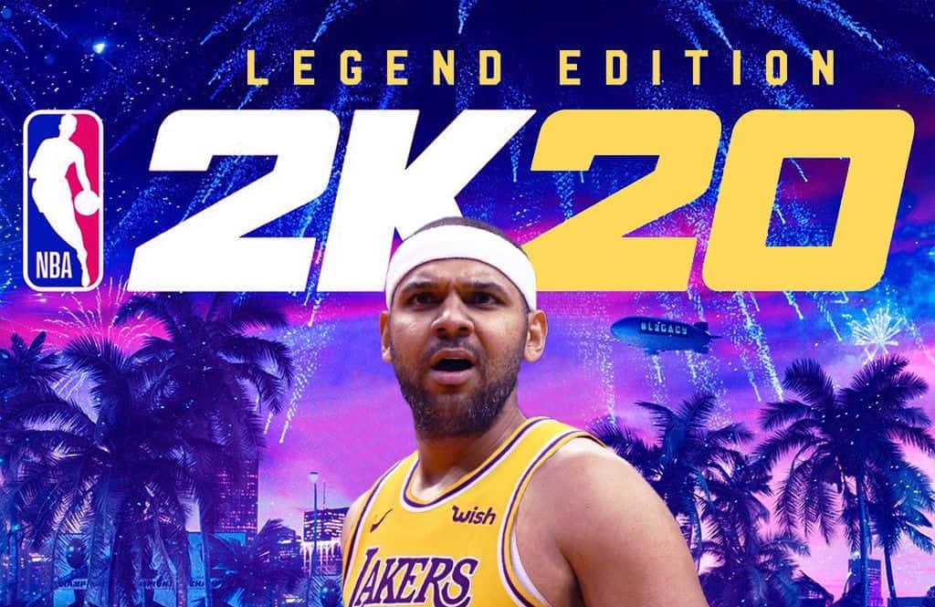 NBA 2K20 Legend Edition 封面，以湖人球員為主角，背景為色彩繽紛的熱帶夜景。 — NBA 壁紙