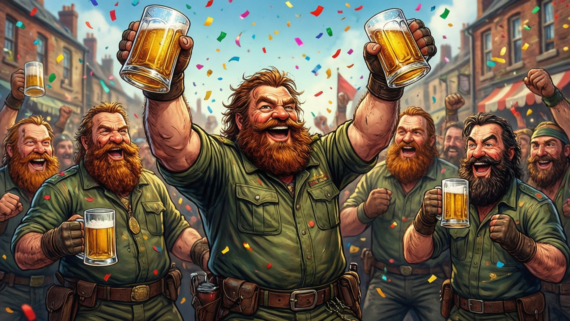 Victory Toast 壁紙 — 鬍鬚男穿著綠色制服，舉著啤酒杯歡呼，彩色紙屑灑落在熱鬧的街頭慶祝活動上。