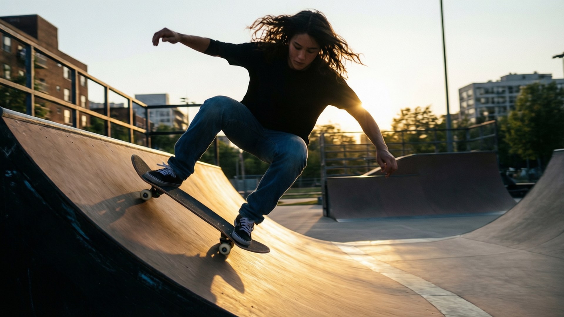 Skateboarder Silhouette 壁紙 — 一名身穿黑色襯衫和牛仔褲的滑板手在日落時分在彎曲的坡道上磨板，背景有建築物和樹木。