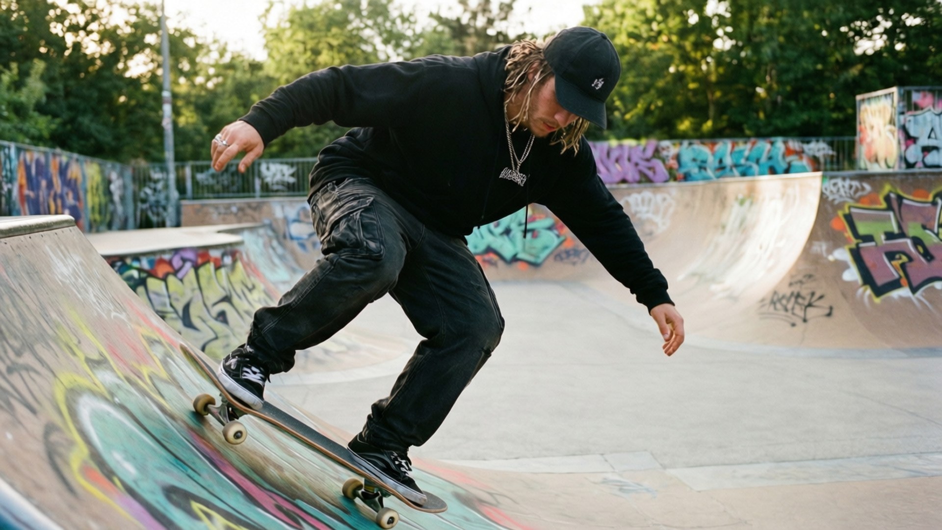 Skate Park Action 壁紙 — 一名穿著黑色裝備的滑板手在日落時分，在一個色彩繽紛的塗鴉斜坡上磨滑。