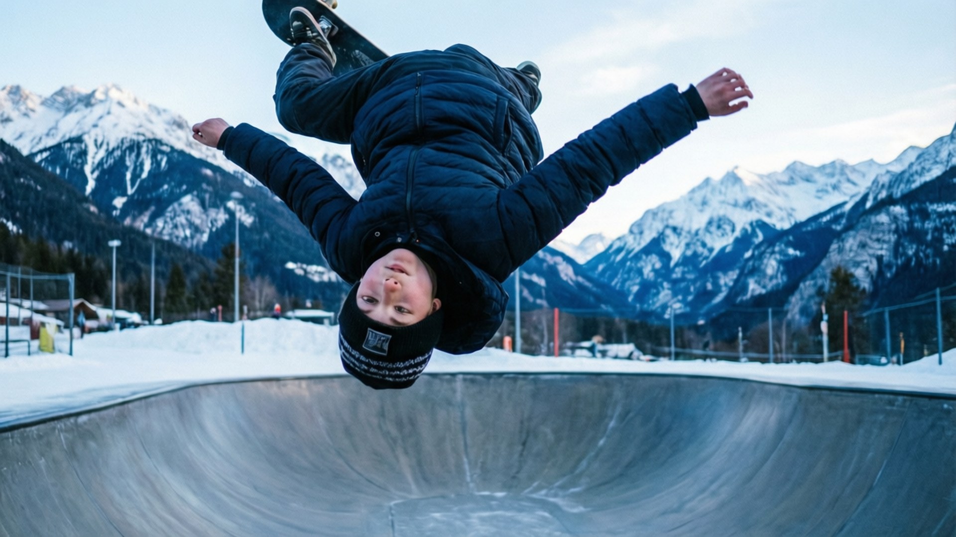 Winter 360 Flip 壁紙 — 一名滑板手在混凝土碗池上方進行空中翻轉，背景是白雪覆蓋的山脈。