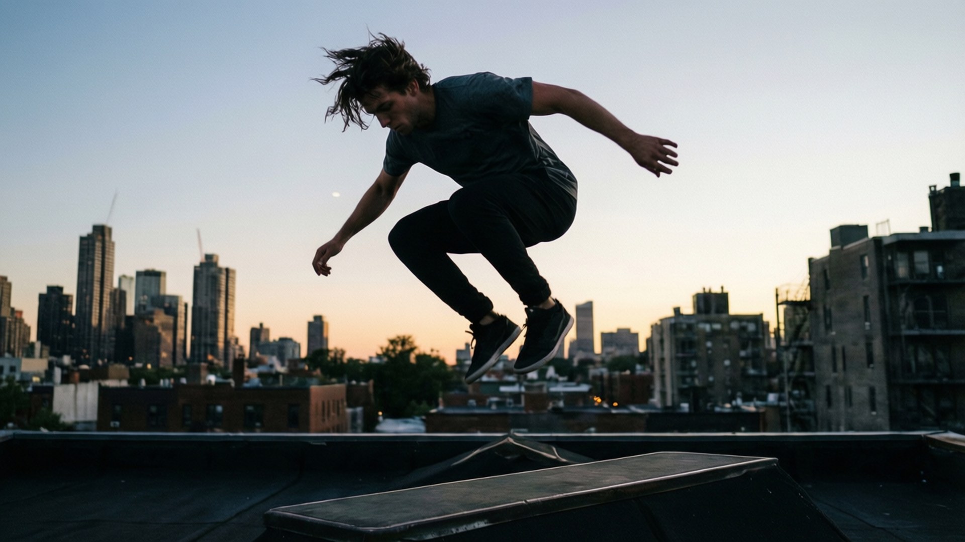 Rooftop Leap 壁紙 — 一名滑板手在屋頂坡道上騰空，背後是夕陽下閃耀的城市天際線。