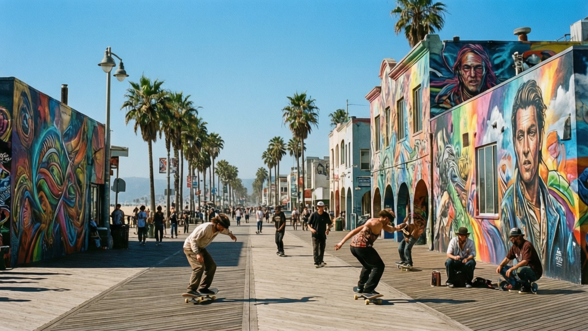 Venice Beach Vibrant Boardwalk 壁紙 — 滑板手在陽光明媚的木製碼頭上滑行，兩旁是充滿活力的壁畫、棕櫚樹和沙灘遊客，天空湛藍。