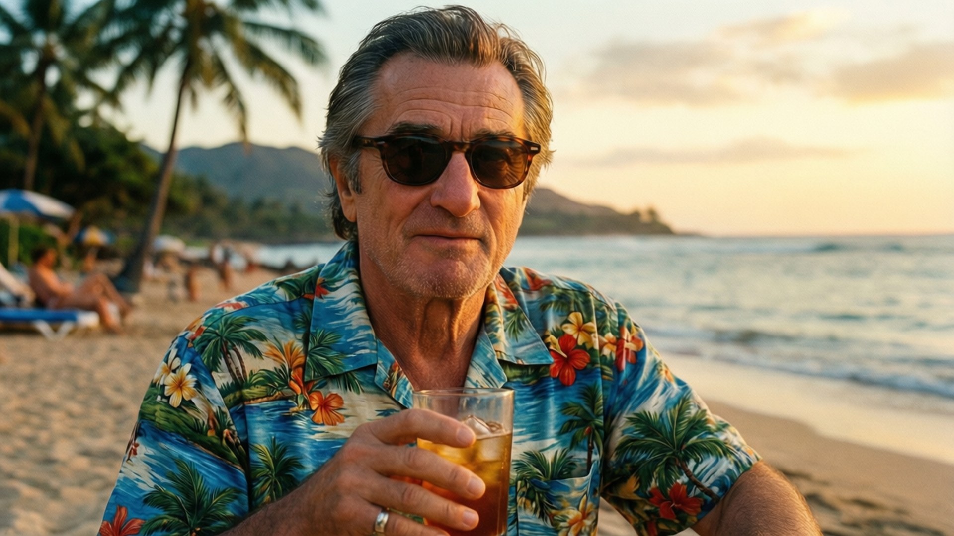 De Niro on Vacation 壁紙 — 一名身穿花襯衫和太陽眼鏡的男子在沙灘上啜飲飲料，背景是日落、棕櫚樹和海浪。
