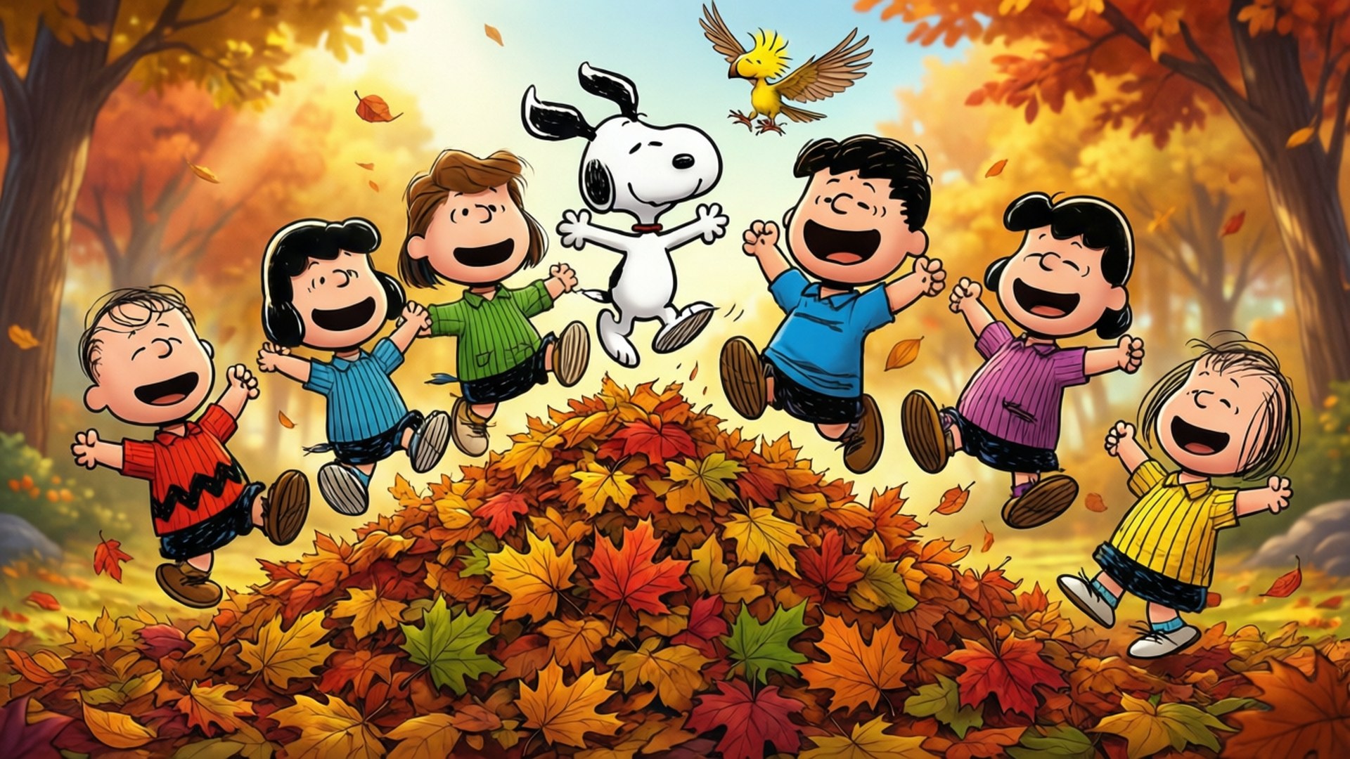 Jumping in Leaves 壁紙 — 花生漫畫角色們在金色陽光下，歡快地跳過一堆鮮豔的秋葉。