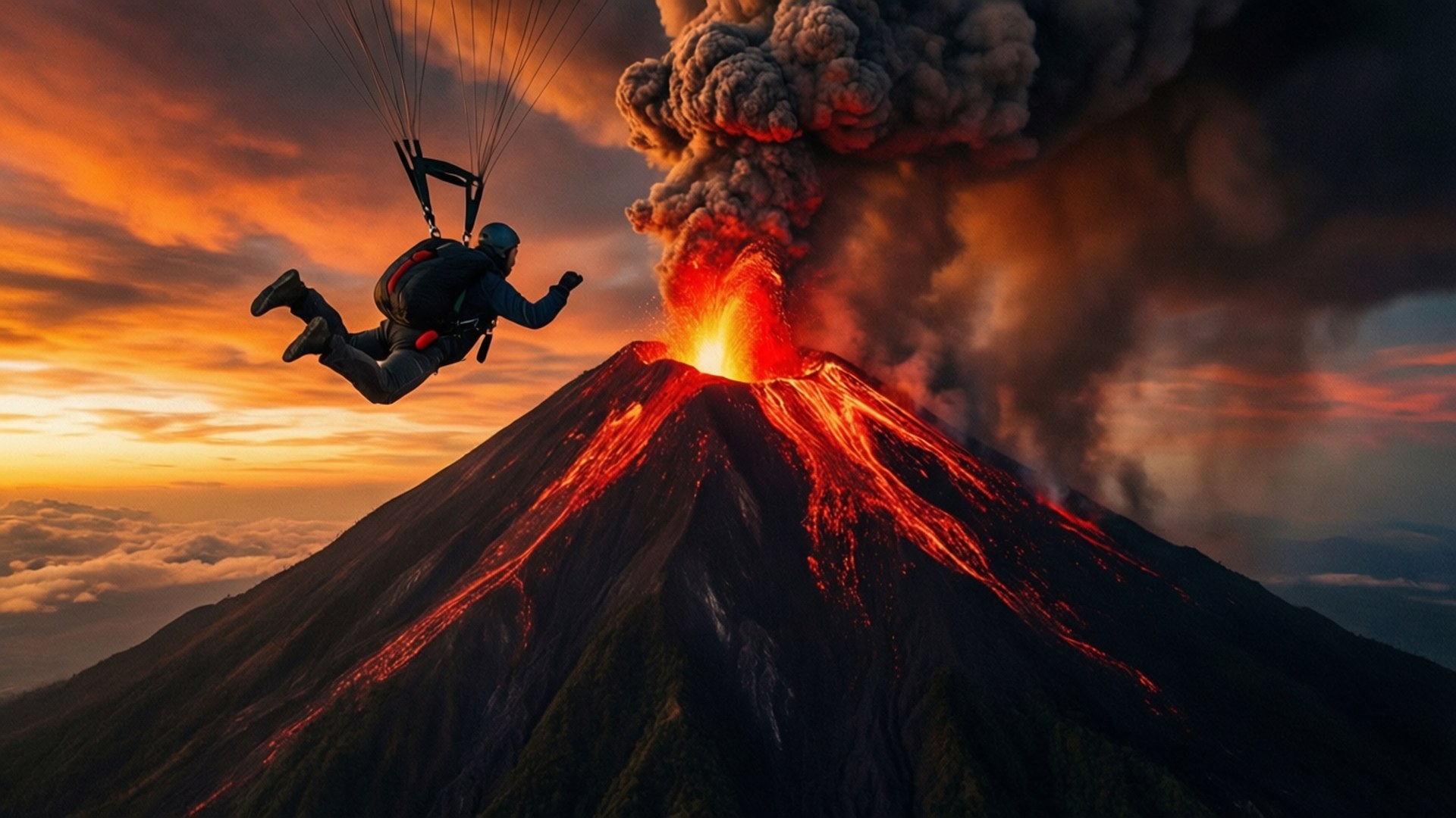 just cause 3 桌布 壁紙 — 滑翔傘在火山爆發上空翱翔，伴隨著發光的熔岩和翻騰的火山灰，映襯著熾熱的日落天空。
