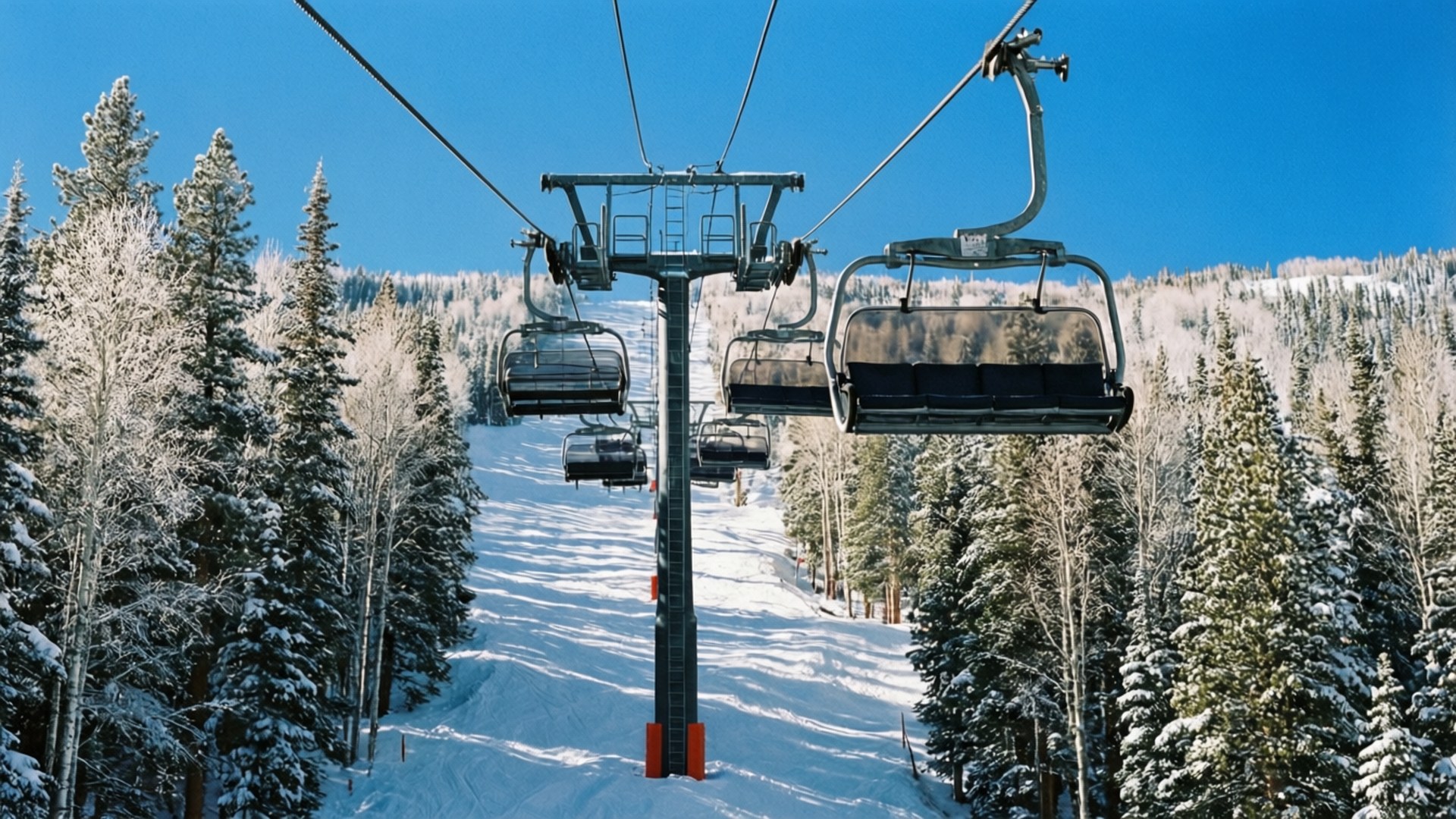 Ski Resort Chairlift 壁紙 — 滑雪纜車在晴朗的藍天下，沿著被霜雪覆蓋的常綠樹木環繞的雪山上升。
