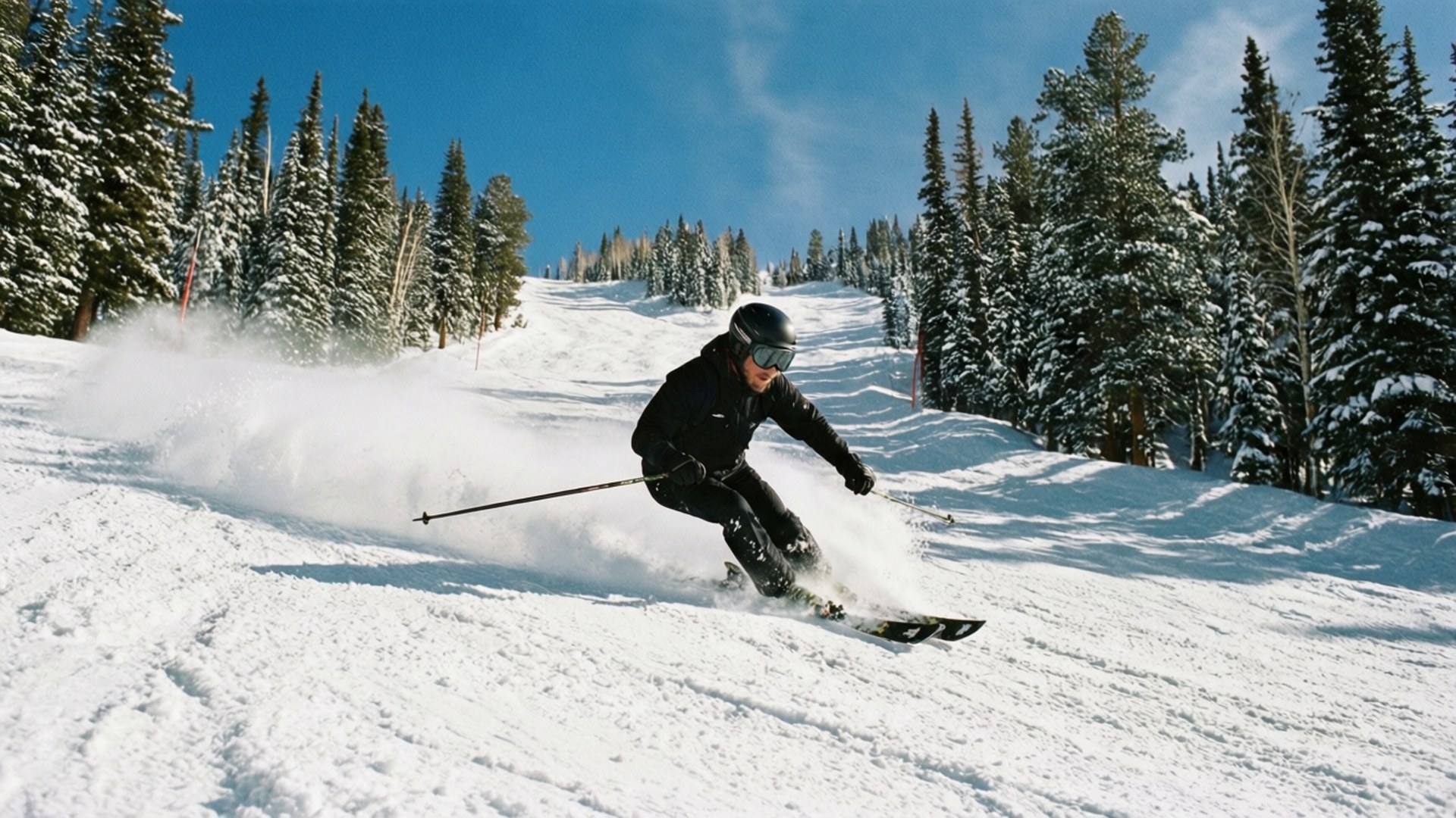 Steamboat Powder Skiing 壁紙 — 一名穿著黑色裝備的滑雪者在陽光明媚的斜坡上穿過新鮮的粉雪，兩旁是覆蓋著白雪的常青樹，頭頂是清澈的藍天。