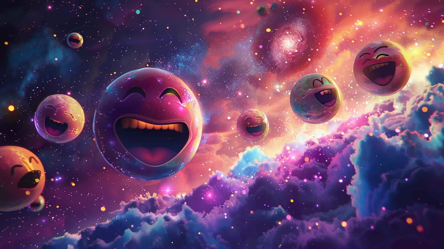  壁紙 — 歡笑的行星漂浮在充滿活力的宇宙雲和旋轉星系中，構成超現實的太空場景。