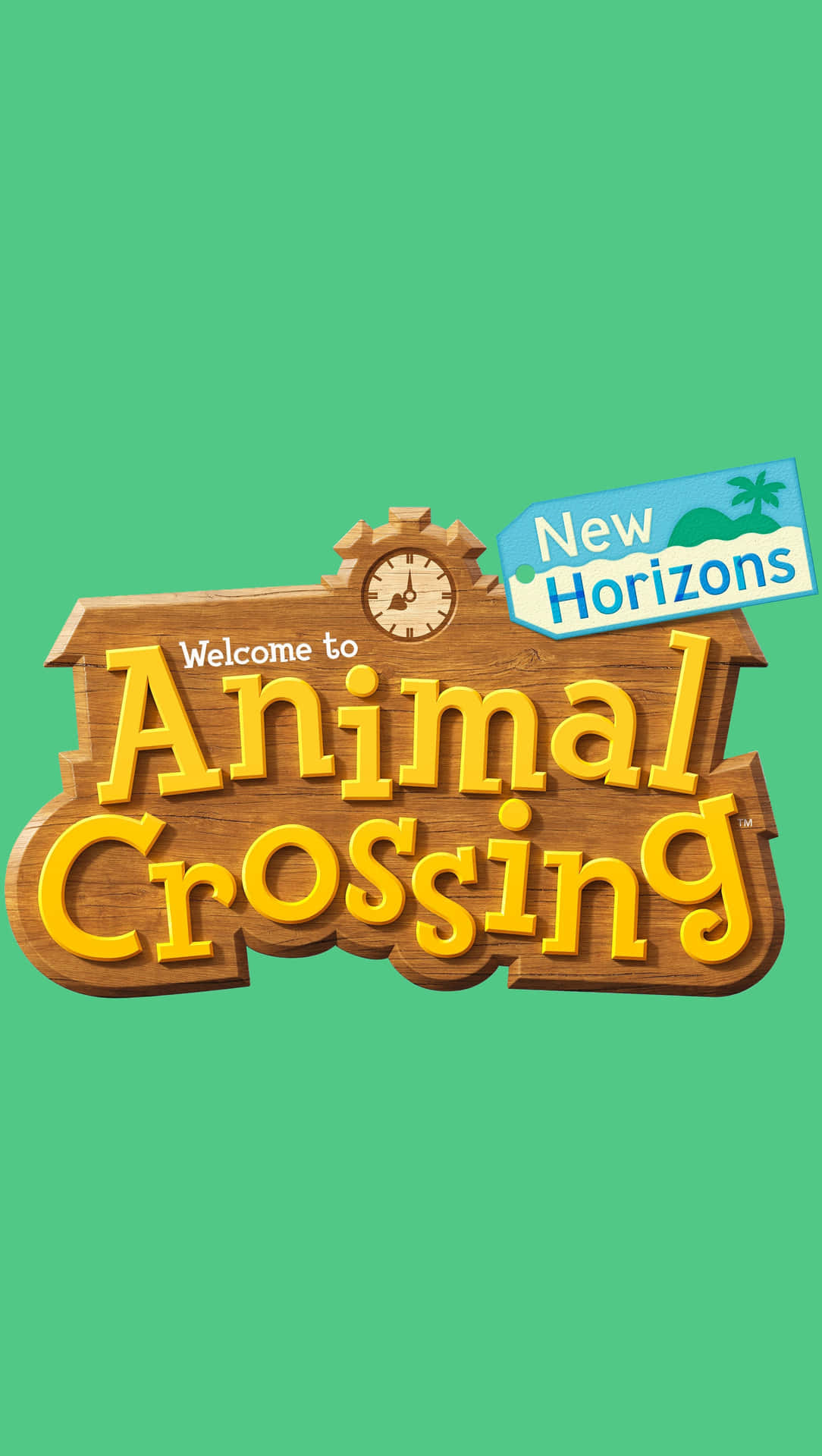  壁紙 — 一個木製標牌，上面有黃色3D字母寫著「歡迎來到Animal Crossing New Horizons」，背景為純綠色。