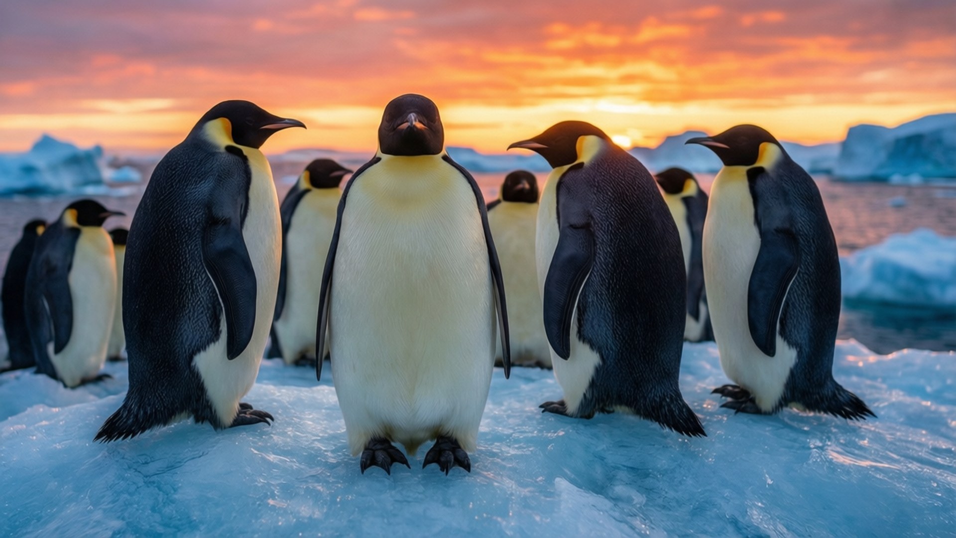 Penguin Iceberg Sunset 壁紙 — 一群皇帝企鵝站在冰天雪地上，身後熾熱的橙粉紅色夕陽在遠處的冰山上閃耀。