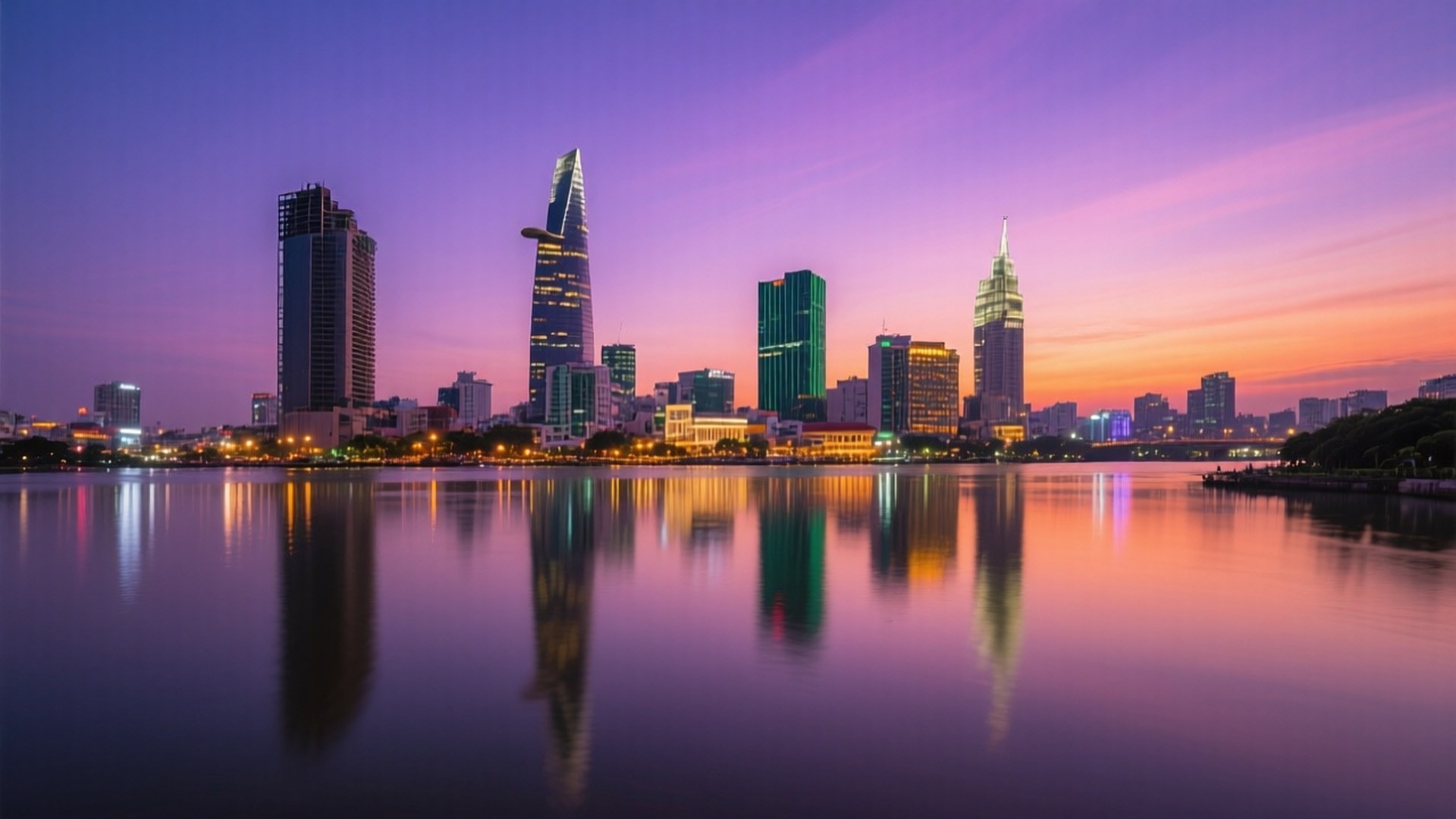 Saigon Skyline Dusk 壁紙 — 黃昏時分充滿活力的城市天際線，高樓大廈倒映在平靜的水面上，天空呈現紫橙色。