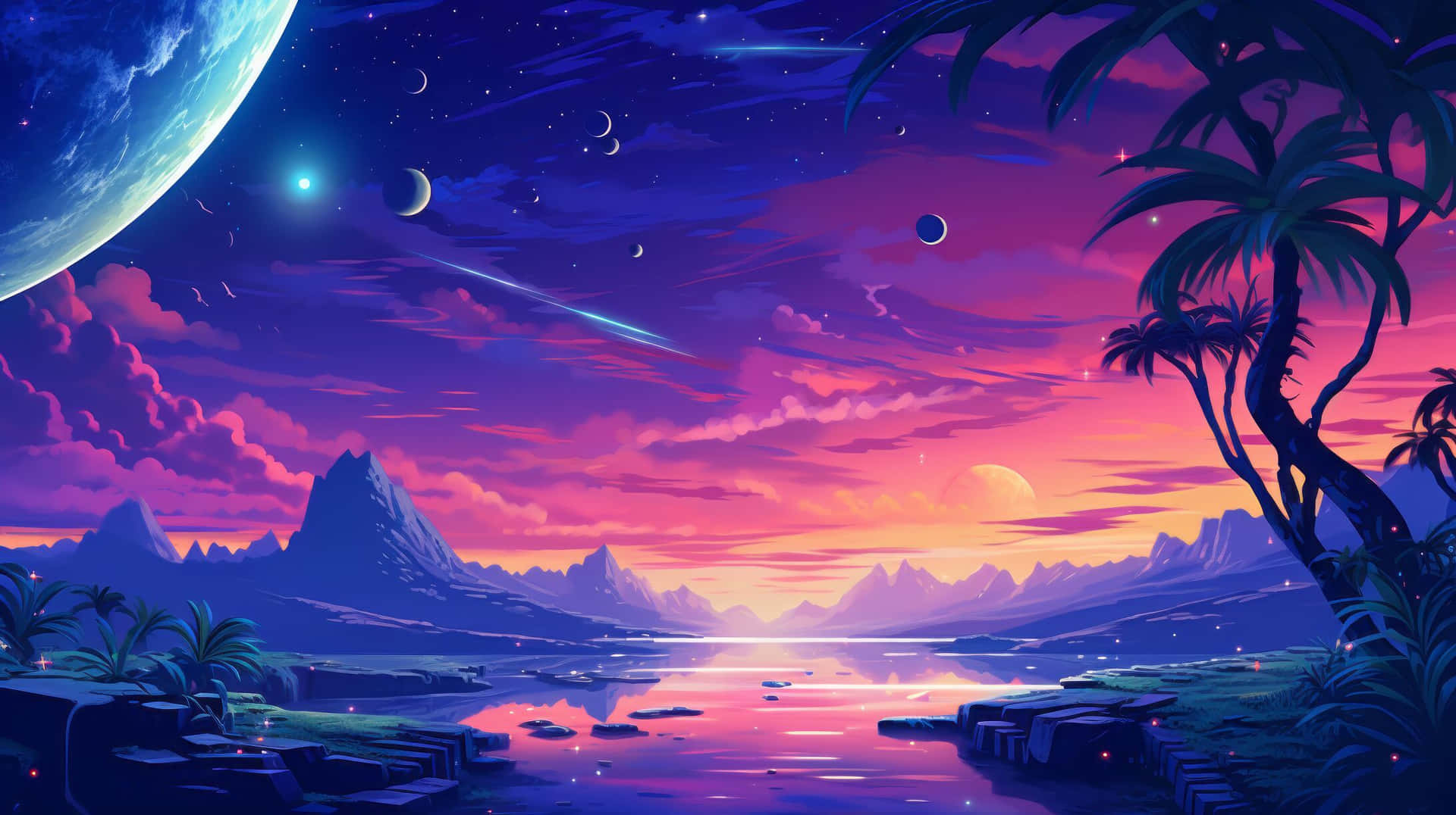  壁紙 — 黃昏時分的超現實外星景觀，有棕櫚樹、發光的湖泊和一顆懸掛在繁星點點的紫色天空中的巨大行星。
