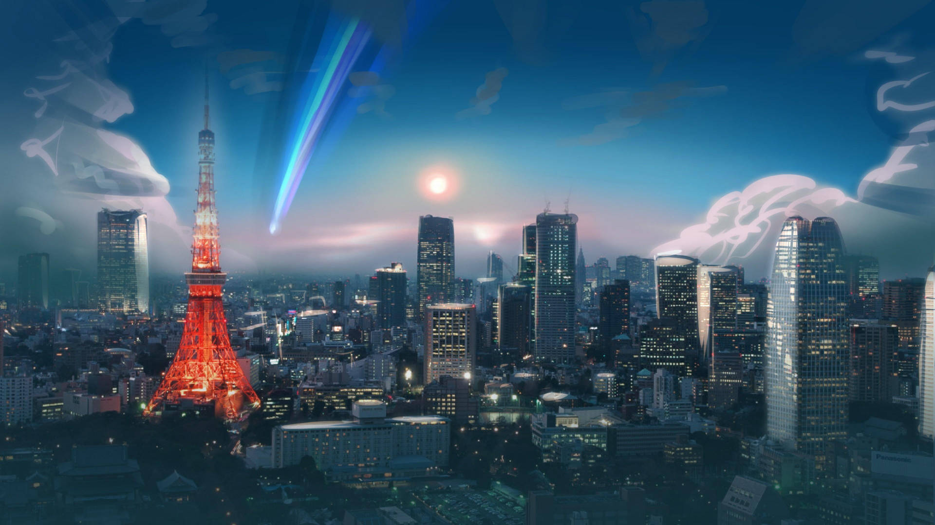 夜晚的東京城市景觀，燈光璀璨的塔樓和天空中發光的光束 — 東京鐵塔 壁紙