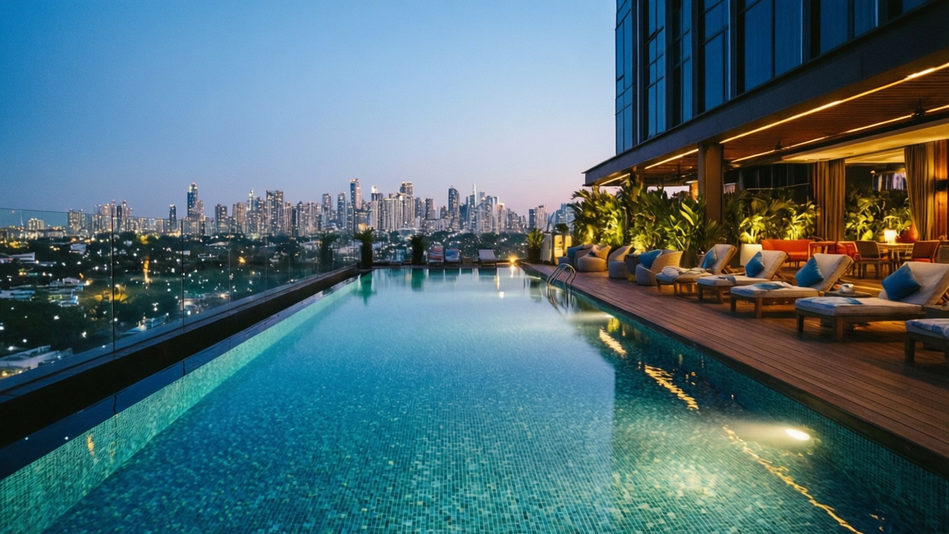 Jardins Rooftop Evening 壁紙 — 黃昏時分的屋頂無邊際泳池，映照著閃爍的城市天際線，配有躺椅和溫暖的室內燈光。