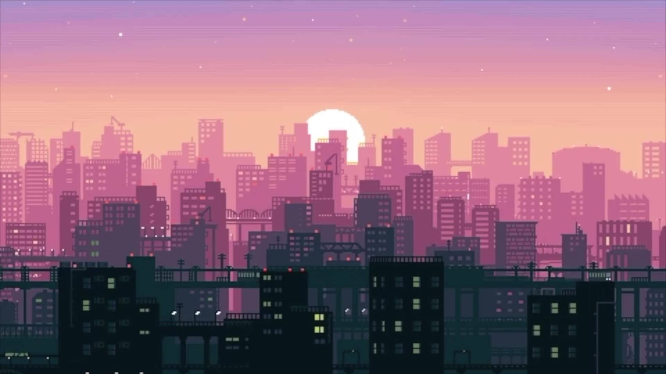 像素藝術風格的黃昏城市天際線，帶有閃耀的夕陽和亮燈的窗戶。 — 動漫城市 壁紙