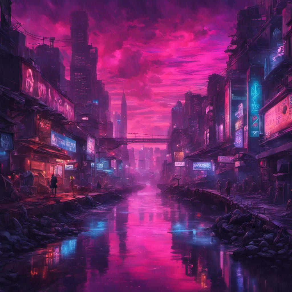  壁紙 — 黃昏時分，霓虹燈閃爍的賽博龐克城市景觀，發光的招牌倒映在受污染的運河中。