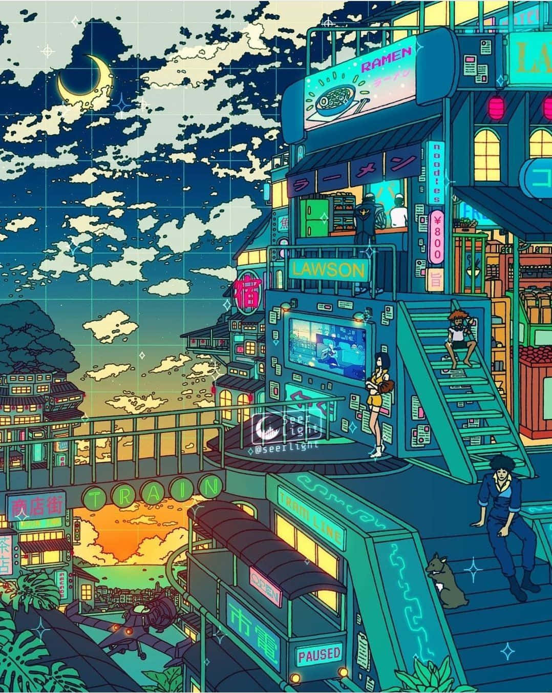  壁紙 — 黃昏時分霓虹燈照亮的賽博龐克城市景觀，發光的招牌拉麵羅森和浮動建築上方的新月。