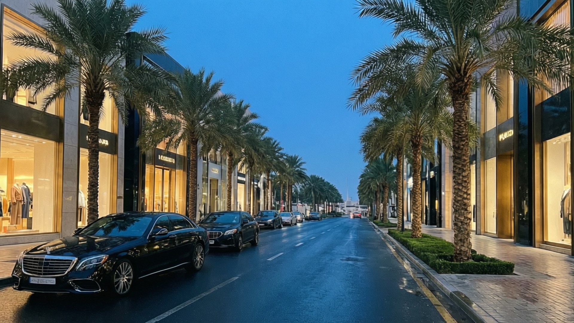 Kuwait Luxury Street 壁紙 — 黃昏時分濕漉漉的豪華街道，兩旁種滿棕櫚樹，高級商店的櫥窗閃閃發光。