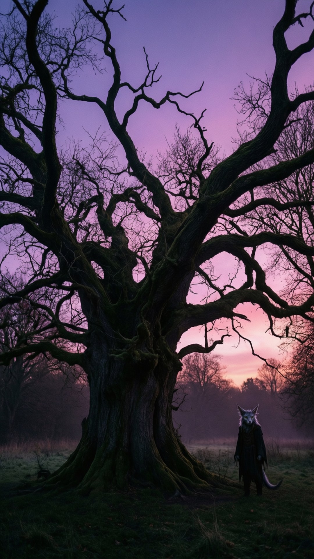 The Whomping Willow 桌布 壁紙 — 黃昏時分，一個孤獨的狼形身影站在一棵巨大的光禿樹下，在充滿活力的紫色和粉紅色天空映襯下形成剪影。