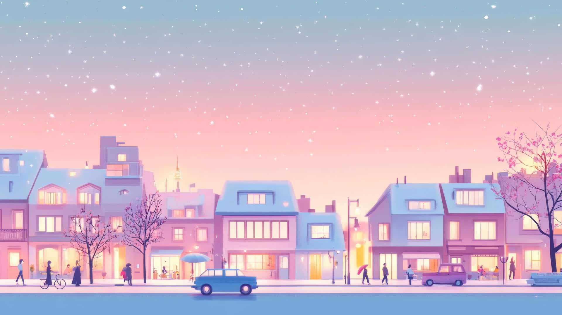  壁紙 — 黃昏時分，一條粉彩色的城市街道，雪花輕輕飄落在溫暖燈光照耀的建築物和行人身上。