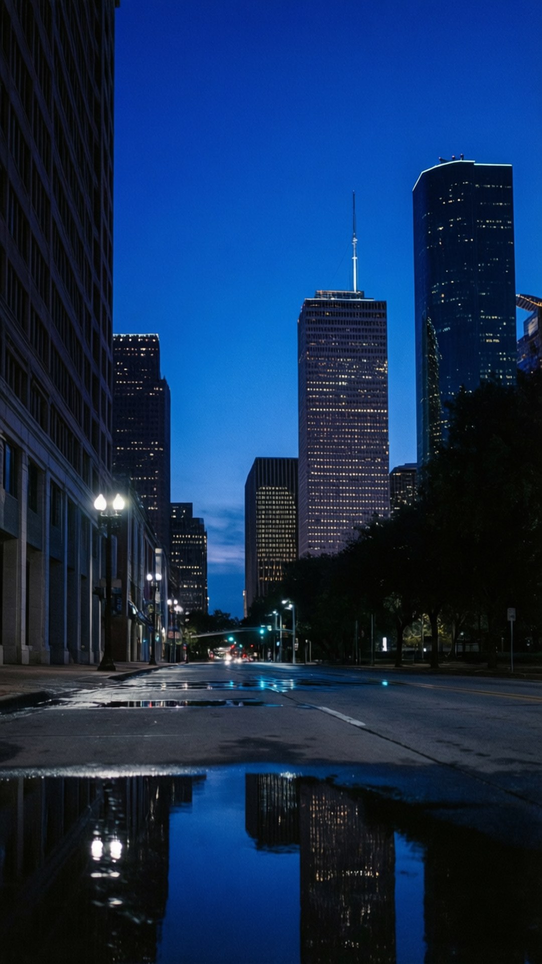 Blue Hour Downtown 壁紙 — 黃昏時濕漉漉的城市街道映照著高聳的摩天大樓，在深藍色的天空下閃爍著燈光。