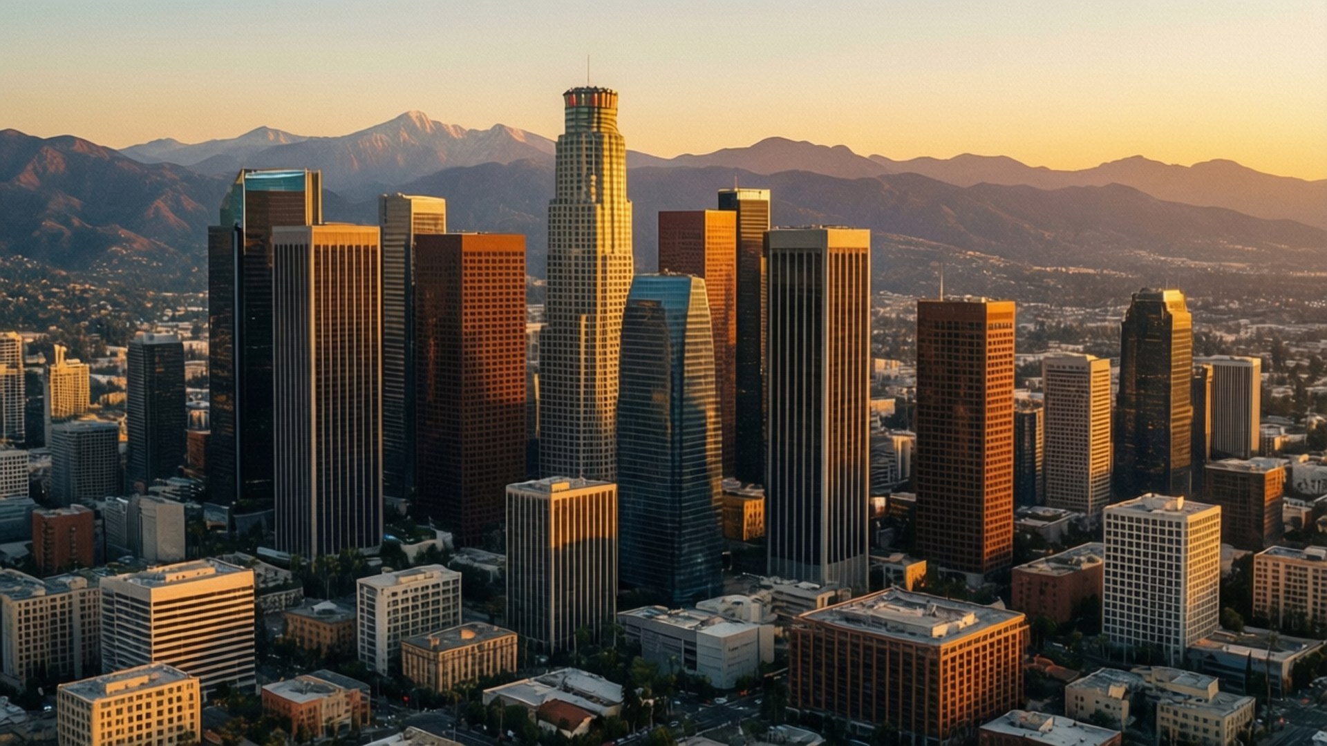 Golden Hour Over DTLA 壁紙 — 黃金時刻的陽光將洛杉磯市中心的摩天大樓沐浴在溫暖的琥珀色光芒中，遠處是白雪覆蓋的山脈。