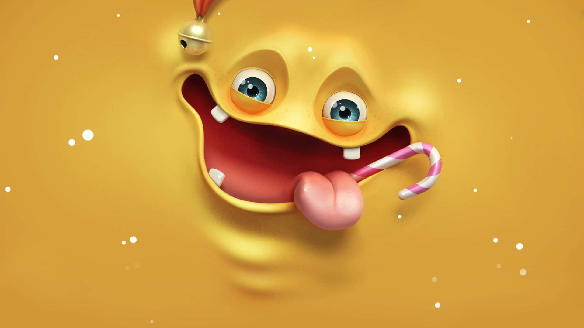 Cheerful 桌布 壁紙 — 一隻藍眼睛、開心的黃色卡通生物在金色背景上伸出舌頭舔拐杖糖。
