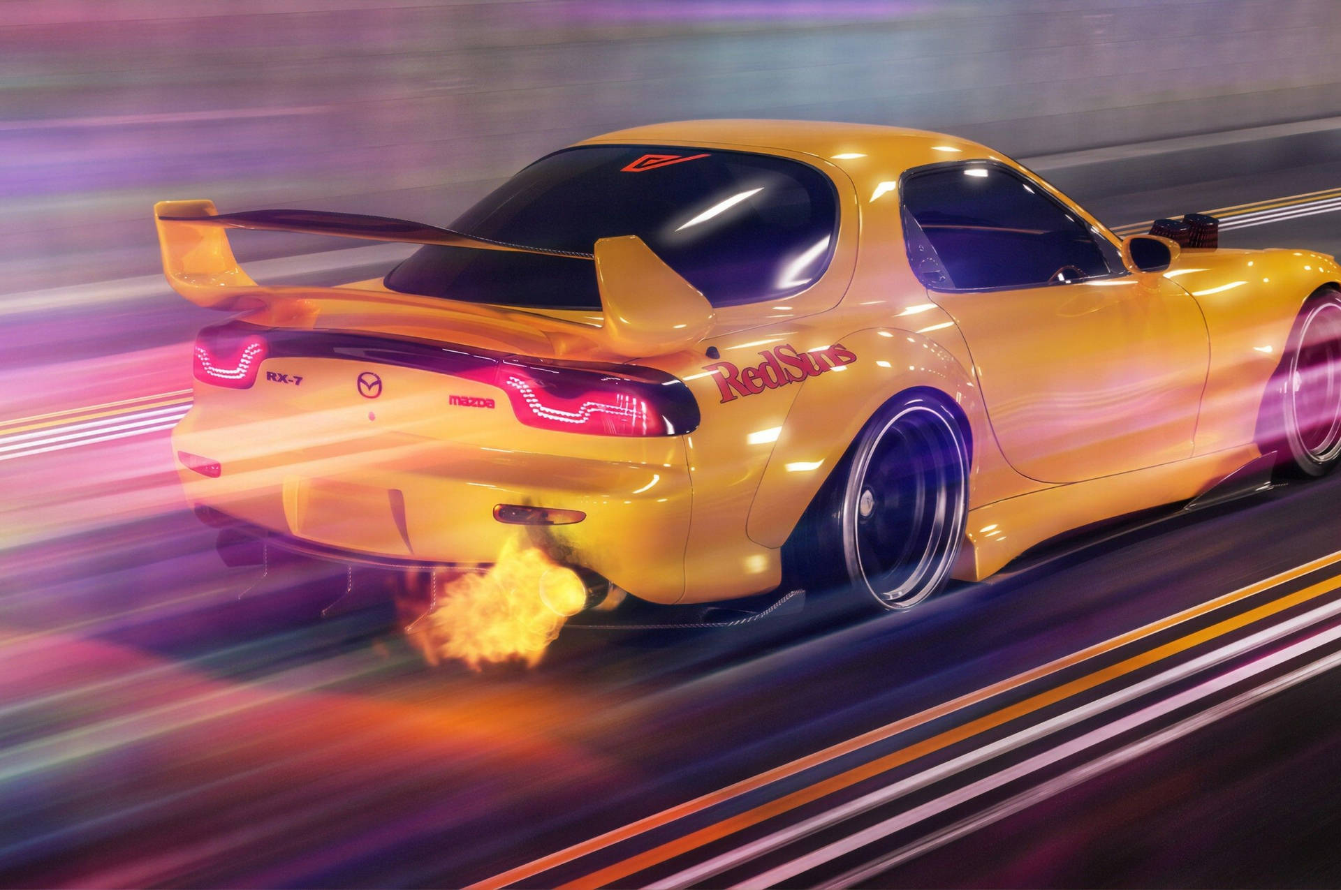 黃色馬自達RX-7跑車在夜間飛馳，排氣管噴出火焰，霓虹燈軌道。 — JDM汽車 壁紙