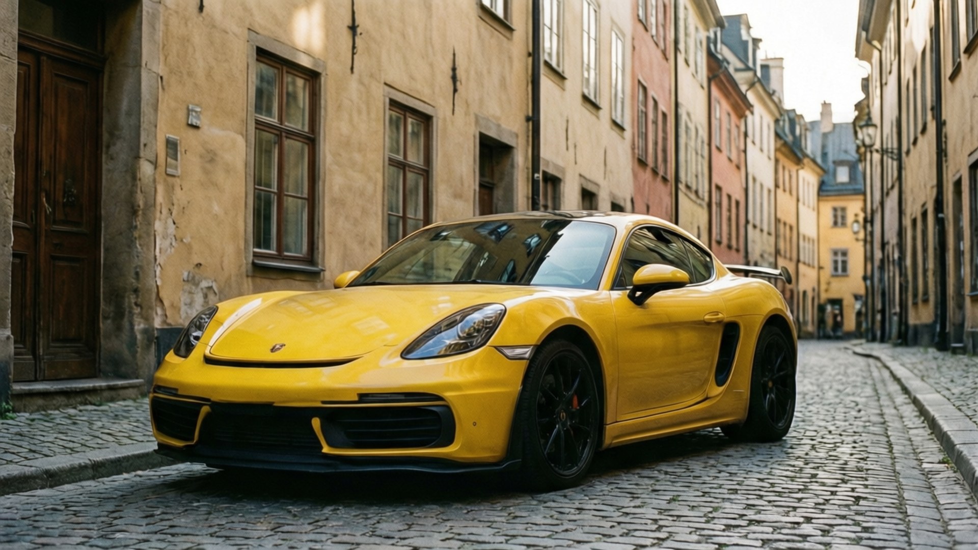 Old Town Speedster 壁紙 — 一輛鮮黃色保時捷Cayman GT4停泊在鵝卵石街道上，兩旁是歷史悠久的歐洲建築。