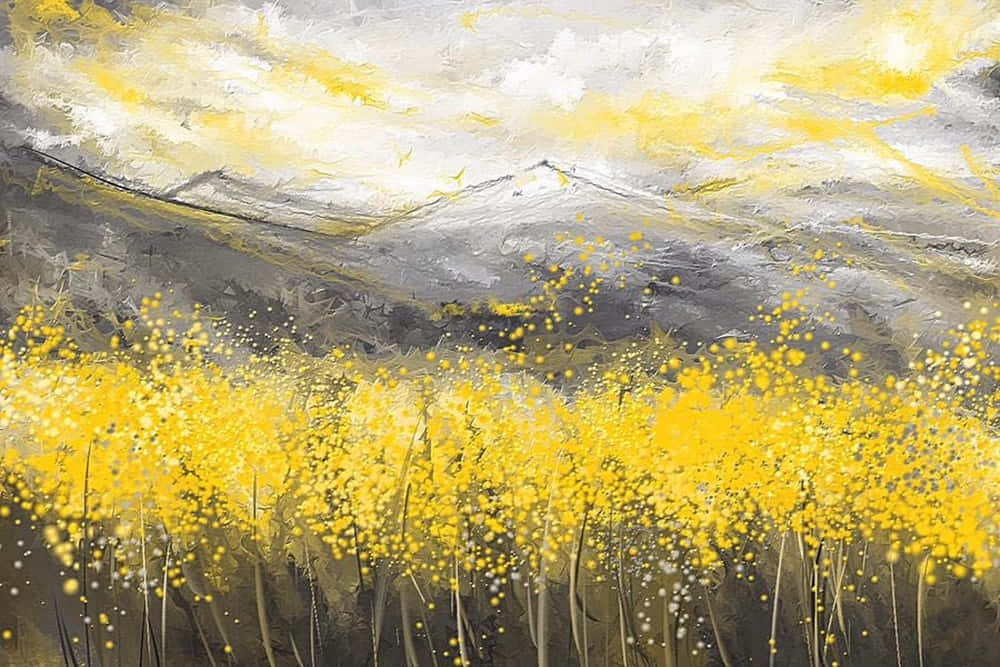 Yellow Art 桌布 壁紙 — 一片充滿活力的黃色野花田在戲劇性的灰黃色天空下搖曳，遠方有山巒。