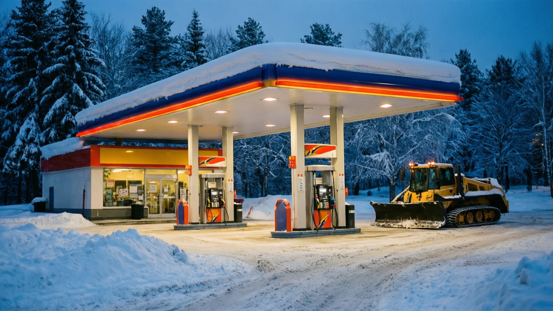 Snowy Winter Gas Station 壁紙 — 黃昏時分，一個被雪覆蓋的加油站，一輛黃色除雪車停在發光的油泵旁，背景是常青樹。