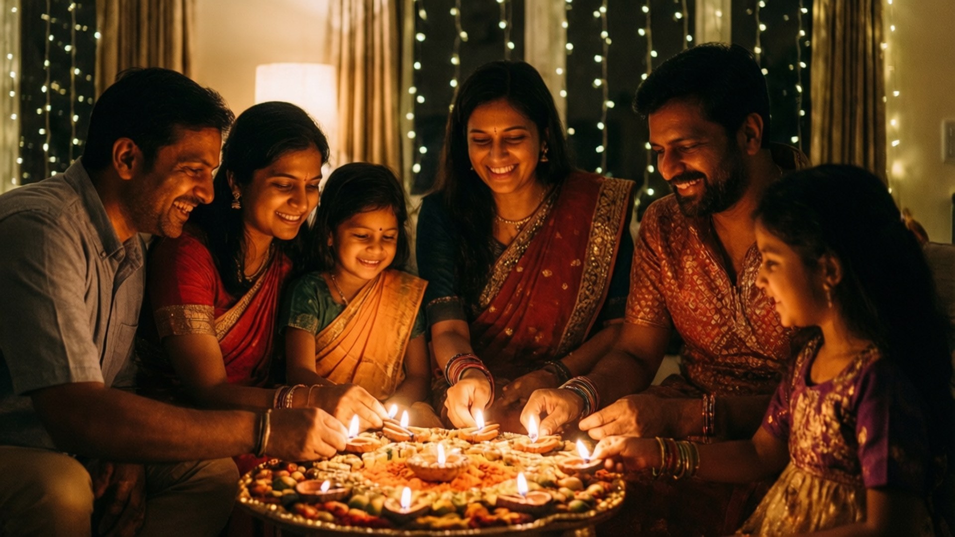 Family Diwali Joy 壁紙 — 一個歡樂的印度家庭聚集在一個裝飾托盤周圍，在柔和光線的房間裡帶著溫暖的笑容點亮迪亞燈。