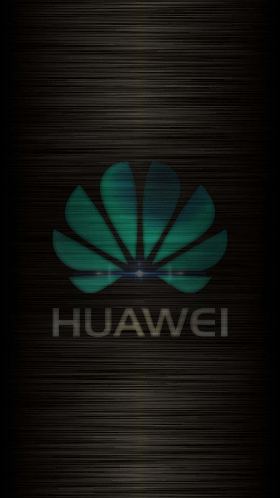 Huawei 標誌在拉絲金屬背景上發出青綠色光芒 — 華為 GIF 壁紙