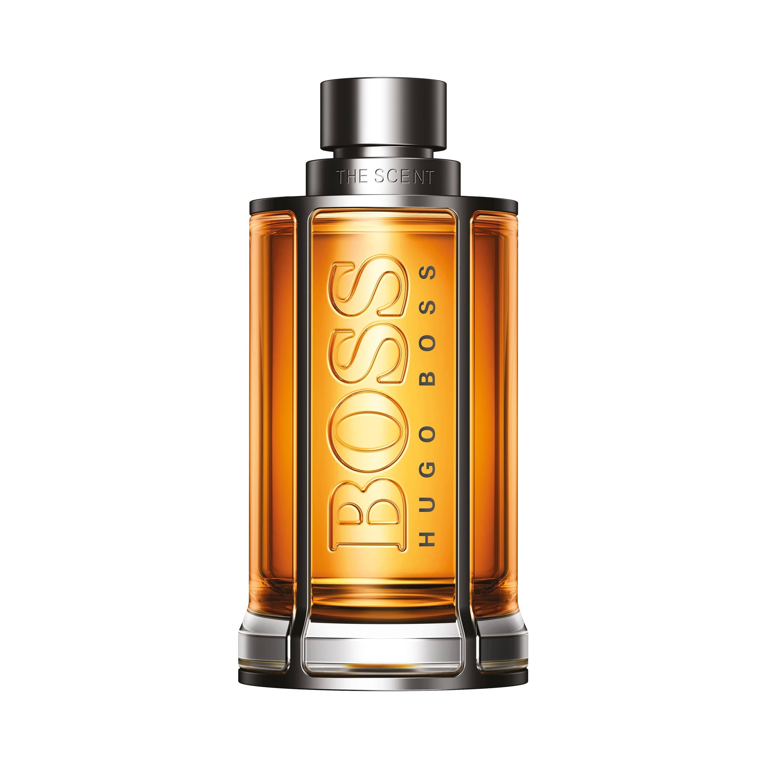品牌 桌布 壁紙 — Hugo Boss The Scent 香水的琥珀色流線型瓶身，帶有壓印品牌標誌和金屬蓋，襯白色背景。