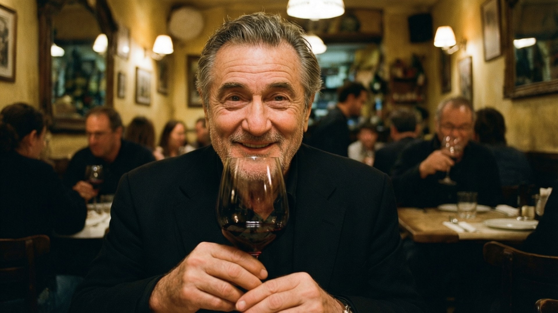 Warm Italian Dinner 壁紙 — 一位灰髮的長者在舒適、燈光昏暗的餐廳裡，手持一杯紅酒，露出溫暖的笑容。