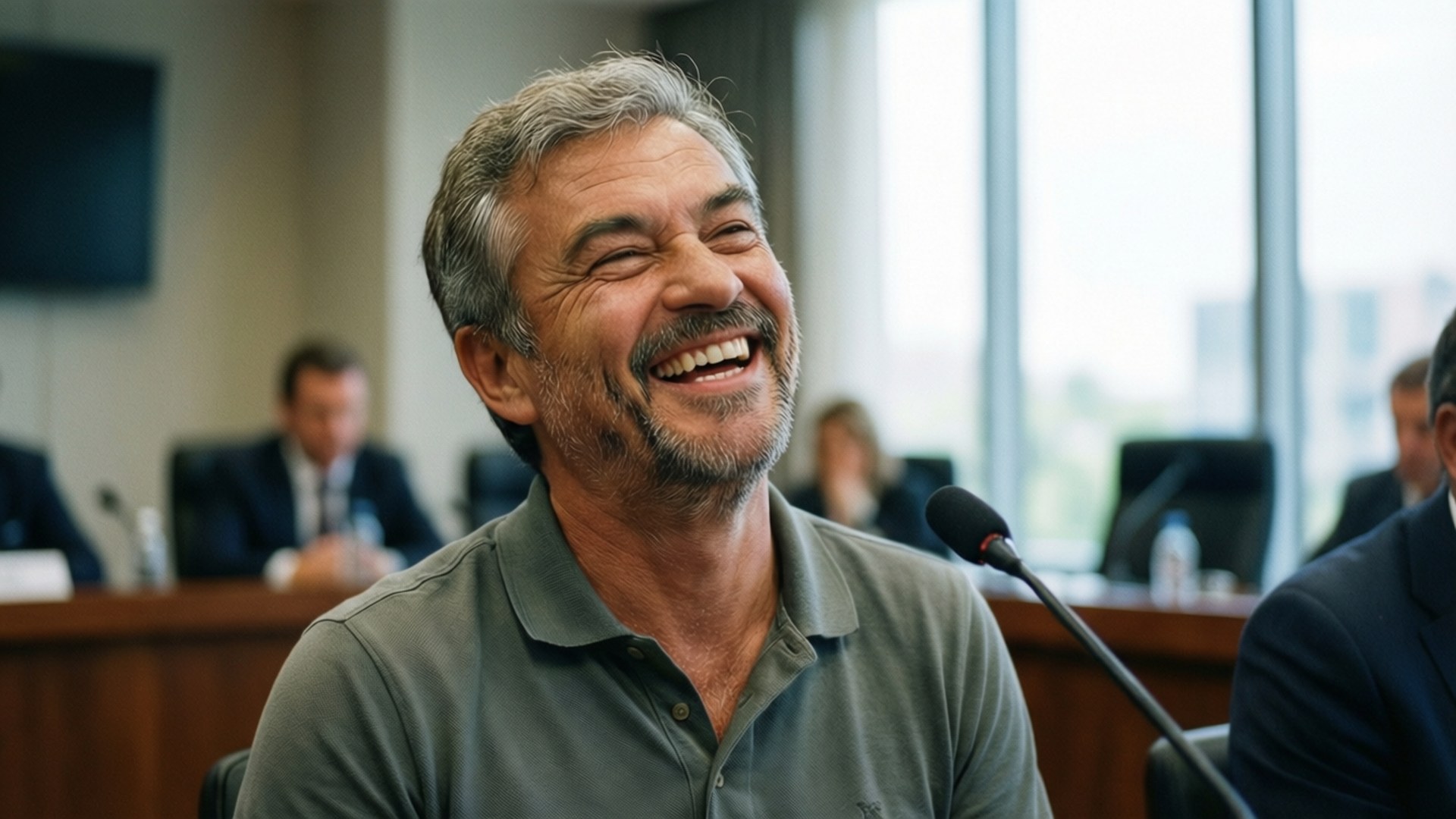 Joyful Moment 壁紙 — 一位灰髮鬍鬚的中年男子坐在有麥克風的會議桌前開懷大笑。