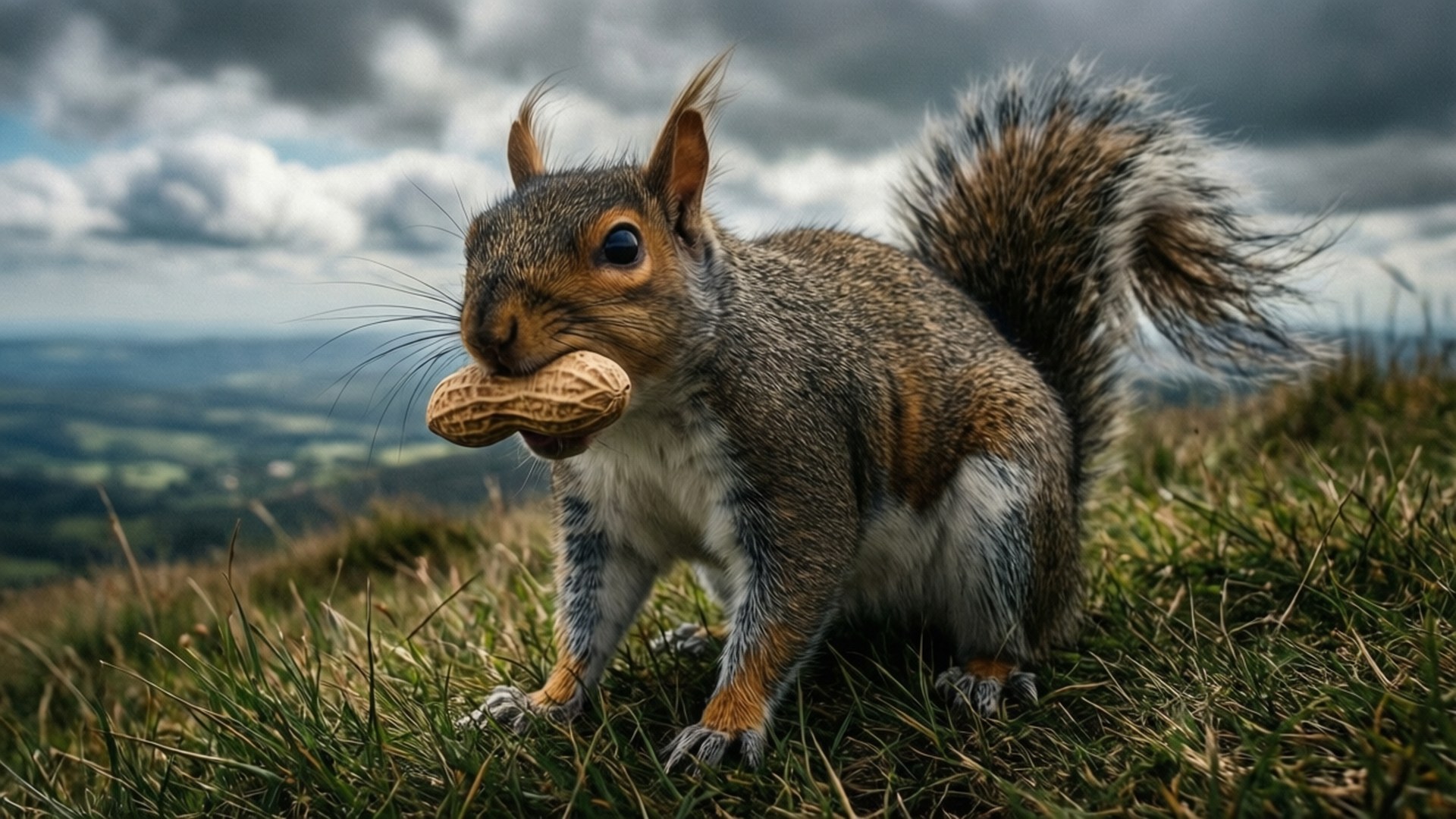 Peanut on the Hill 壁紙 — 一隻灰色松鼠用蓬鬆的尾巴，在雲層密布的天空下，於長滿草的山丘上，嘴裡叼著一顆花生。
