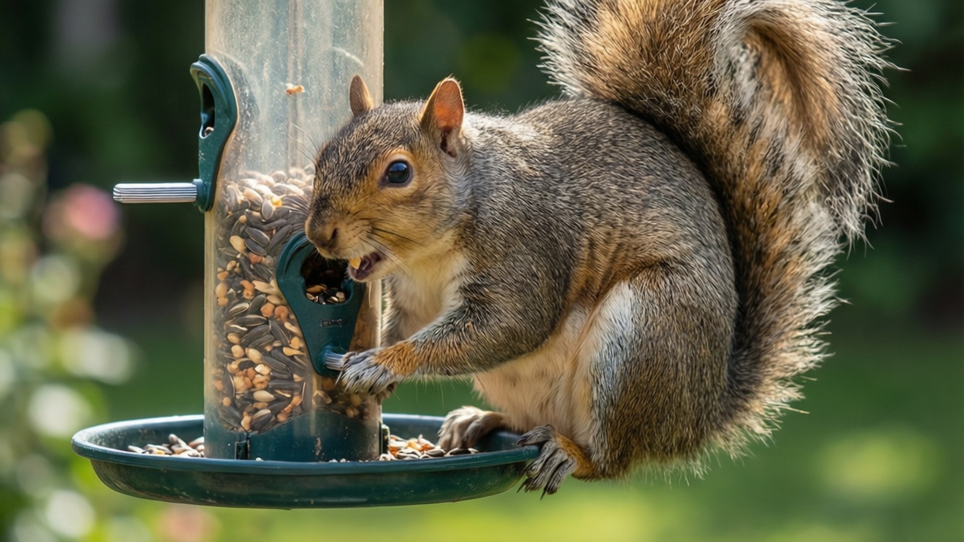 Feeder Bandit 壁紙 — 一隻灰色松鼠用蓬鬆的尾巴抓住一個裝滿葵花籽的綠色鳥食器，正在急切地進食。