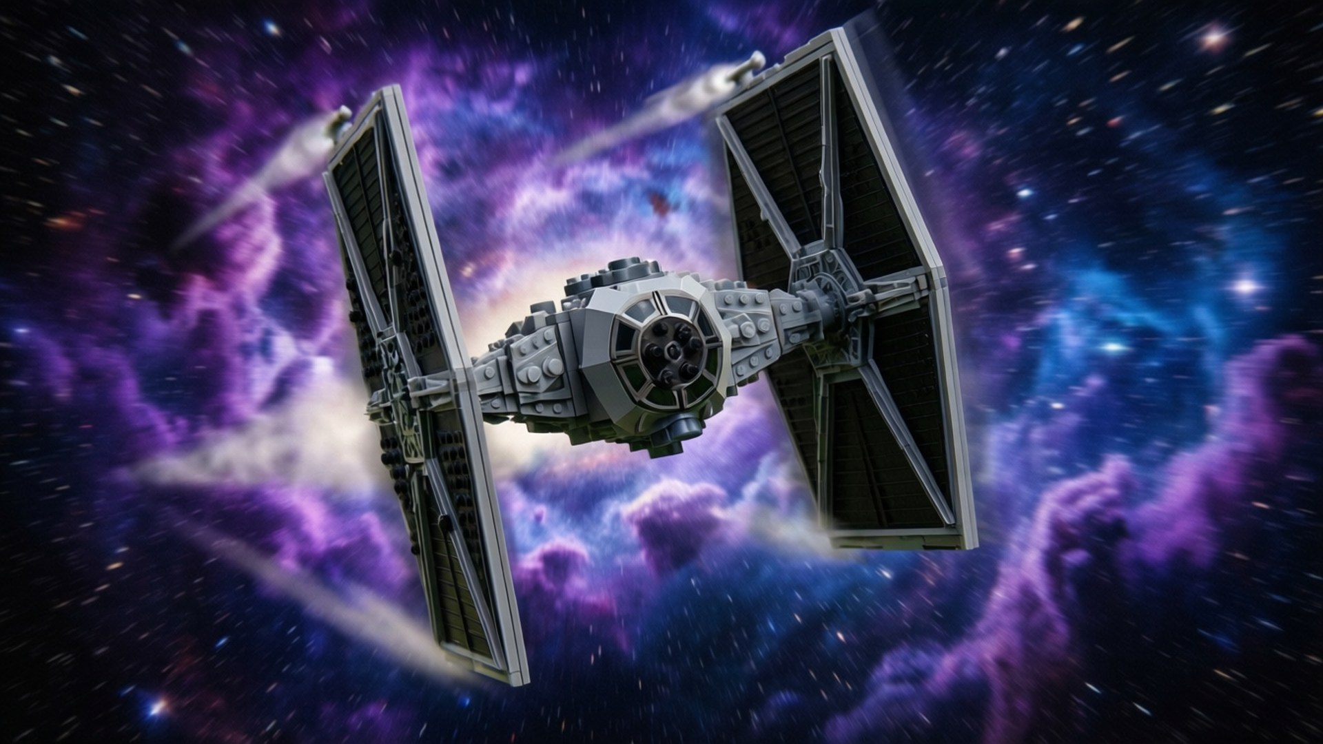 Lego TIE Fighter in Nebula 壁紙 — 一架灰色的TIE戰鬥機飛過充滿星星的充滿活力的紫色和藍色星雲。
