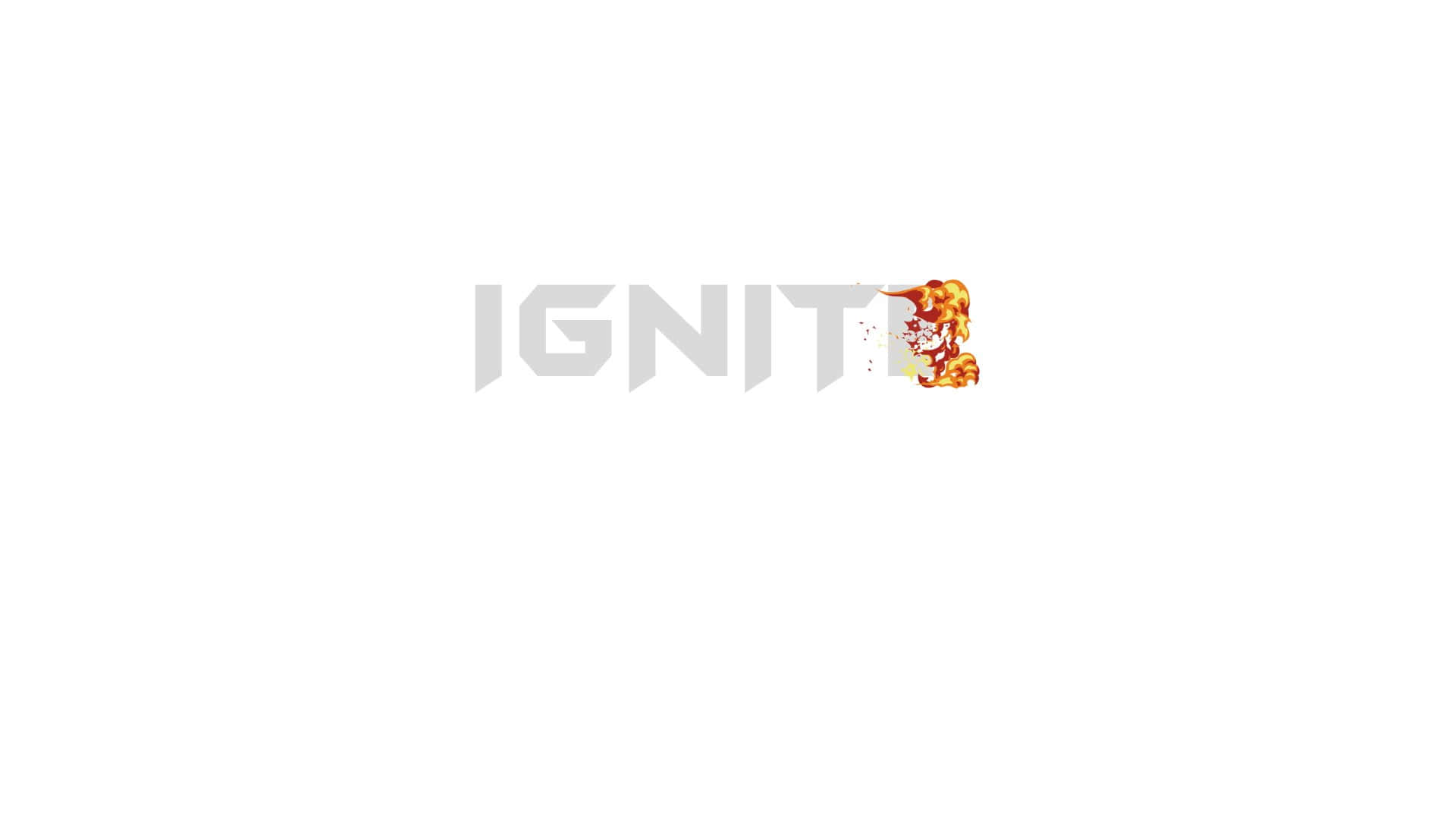  壁紙 — 灰色字母拼成的單詞「IGNITE」，最後一個字母T被火焰爆炸取代，背景為純白色。