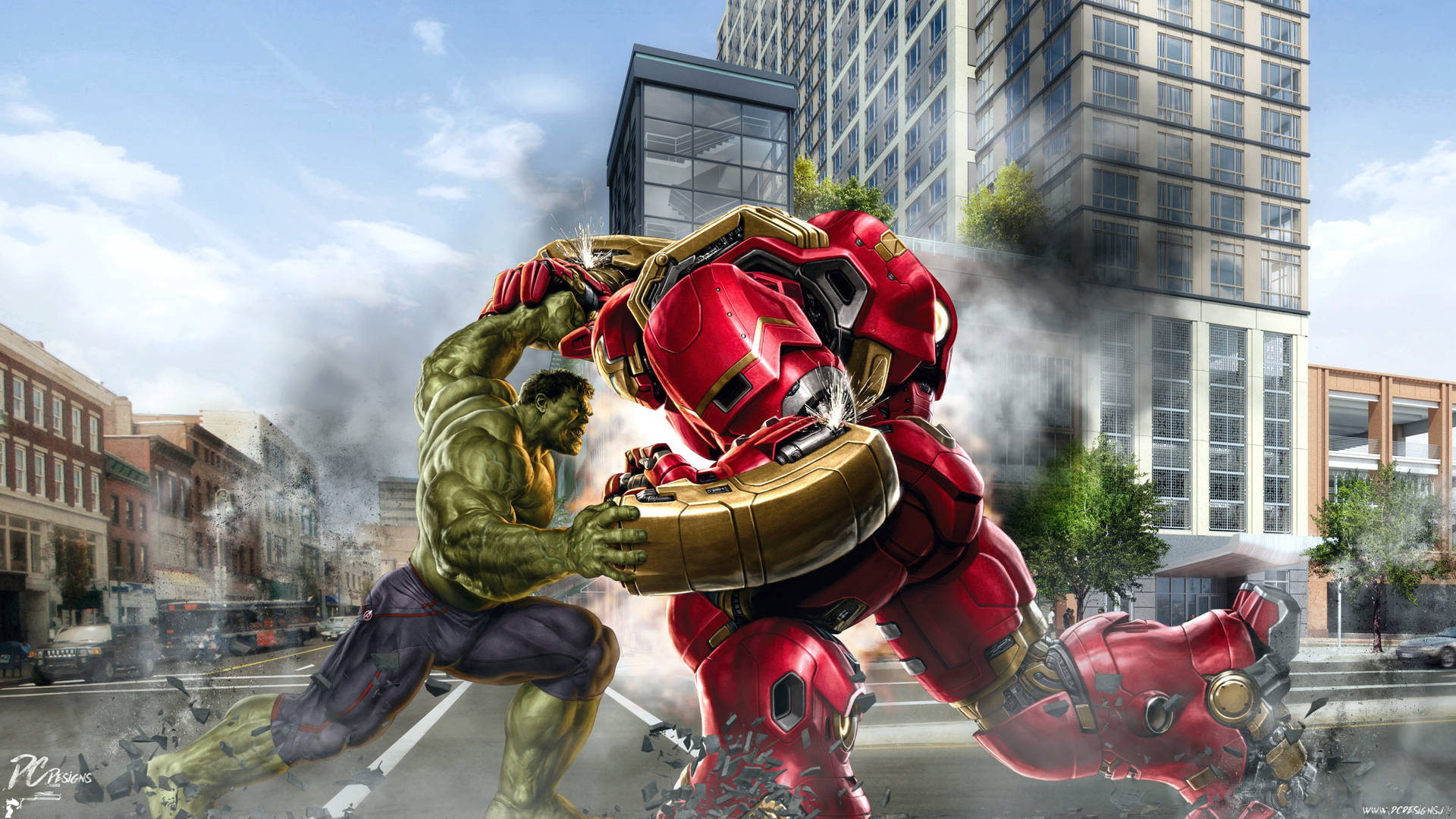 浩克與鋼鐵人在煙霧和瓦礫中的城市街道上戰鬥。 — 4K Marvel 壁紙 壁紙